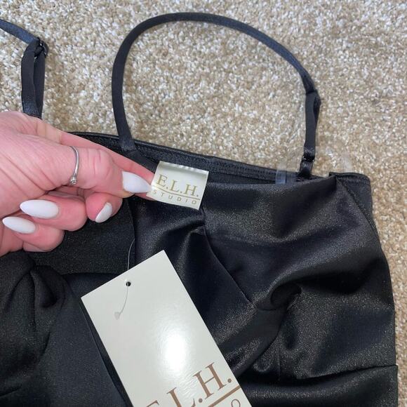 E.L.H. Studio black dress mini V-neck Satin V-neck beaded edge mini body-con SM - Picture 7 of 12